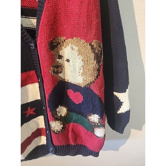 VTG Sz M Marsh Landing Knit Sweater Bear Stars Patriotic Oversized Flag Stars - Picture 4 of 9